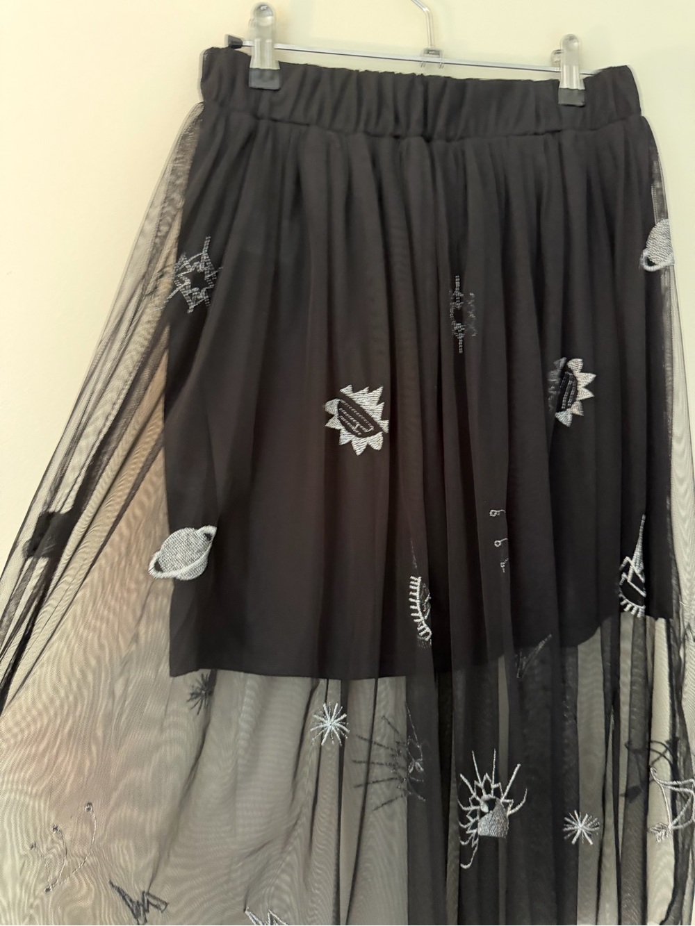 BONGO Black Witchy Vibe Sheer Midi Skirt with Silver Embroidery